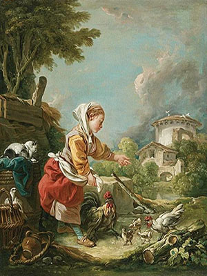Gemälde: Frau umsorgt kleine Hühnerfamilie - 1759, Frankr.