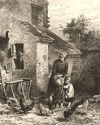 Kupferstich: Frau mit Kind bei den Hühnern - 1864, Frankr.