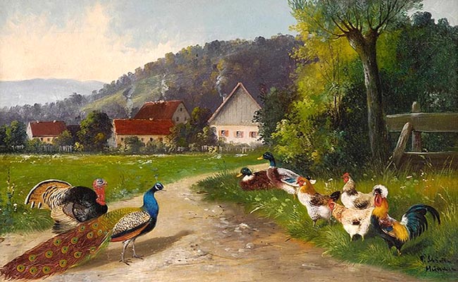 Gemälde: Truthahn, Pfau, Enten und Hühner neben Feldweg - 1890