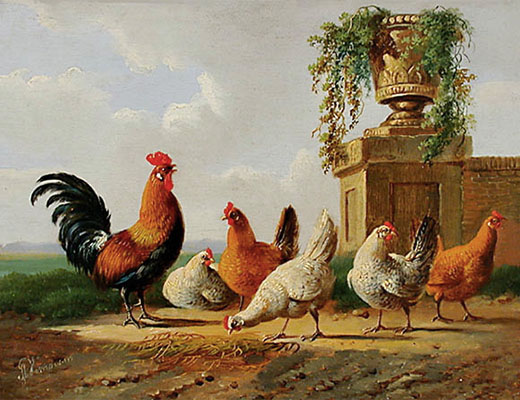 Gemälde: Hahn und Hühner im Freien - 1850, Niederlande