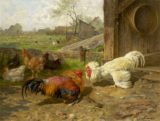 Gemälde: 2 balzende Hähne auf Hühnerfarm - 1870