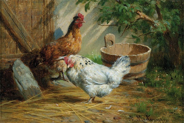 Gemälde: 2 Hühner im Auslauf - 1870