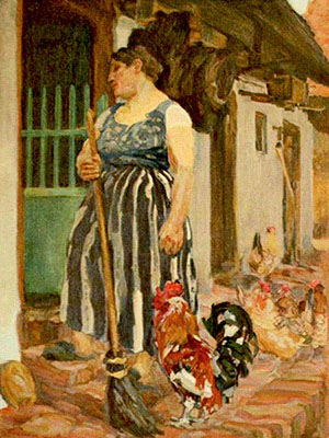 Gemälde: Frau Nachbarin nebst Hühner ~1910
