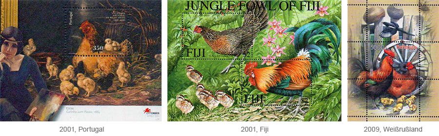 Briefmarkenblocks: Hühner mit Kücken - 2001, Purtugal / 2001, Fiji / 2009 Weißrußland