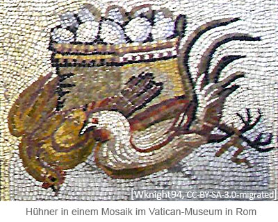 Farbfoto: Hühner + Eier in einem Mosaik im Vatican-Museum in Rom