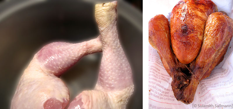 Farbfotos: Huhn im Kochtopf / gebratenes Huhn