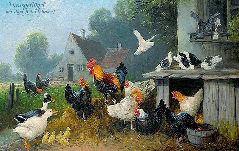 Gemälde: Geflügelhof mit Enten, Tauben, Küken, Hühnern und Hahn