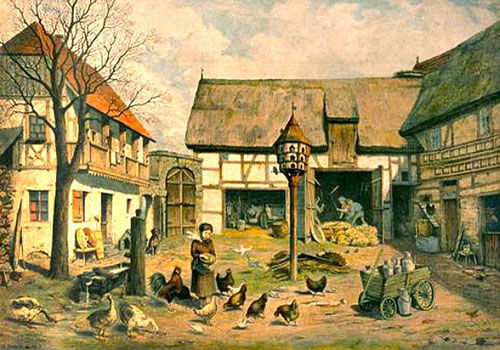Farblitho: Bauernhof mit Gänsen, Hühnern und Tauben - 1890