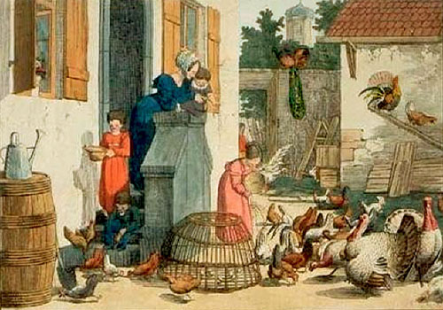 Farblitho: diverses Geflügel tummelt sich im Hof hinterm Haus ~1835