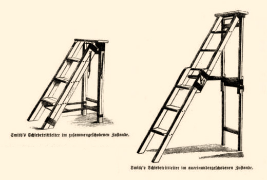 Zeichnung: Schiebetrittleiter, zusammen- und auseinandergeschoben - 1867