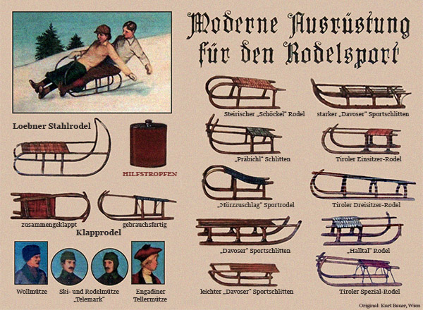 Farblitho: Werbetafel für Rodelausrüstung ~1920, Österreich