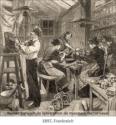 Holzstich: Beschäftigte in Pariser Maskenatelier - 1897