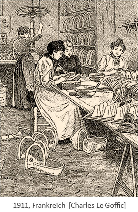 Holzstich: Maskenmacherinnen bei der Arbeit - 1911