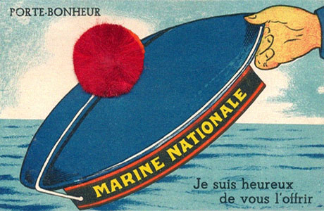gemalte Postkarte: Matrosennütze + echte rote Bommel ~ 1950, FR