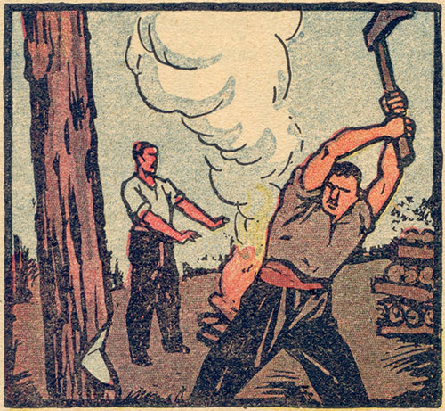 Mann fällt Baum, ein anderer wärmt sich an einem Feuer