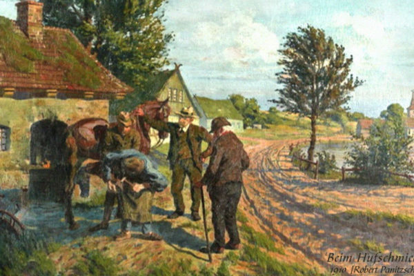 Gemälde: 3 ältere Herren sehen zu, wie Hufschmied einen Gaul beschlägt - 1910