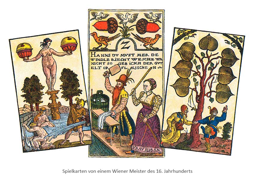 kolorierte Holzschnitte: 3 Wiener Spielkarten - 16. Jh