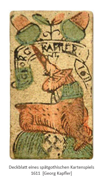 kolorierter Holzschnitt: spätgothische Spielkarte -1611