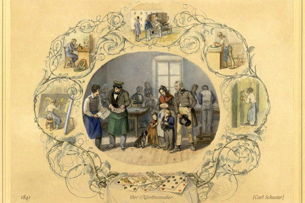 Stich: Besucher in der Kartenmaler-Werkstatt umgeben von Arbeitsszenen in Vignette - 1841