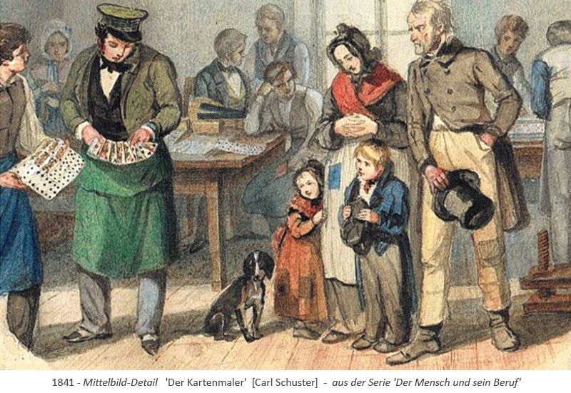 kolor. Stich: Familie zu Besuch in Kartenmalerwerstatt - 1841