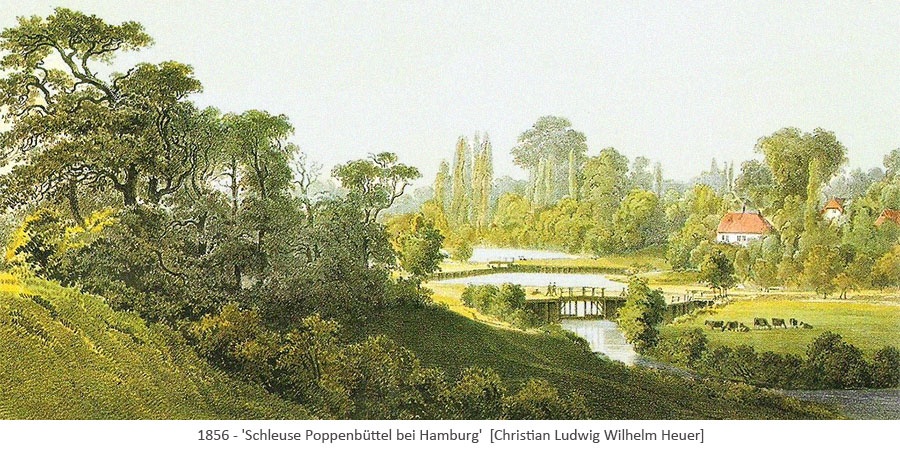 Gemälde: Schleuse Poppenbüttel umgeben von Wiesen u. Wald - 1856