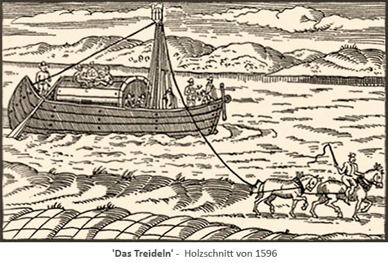 Holzschnitt: 2 Pferde ziehen Schiff flußaufwärts - 1596