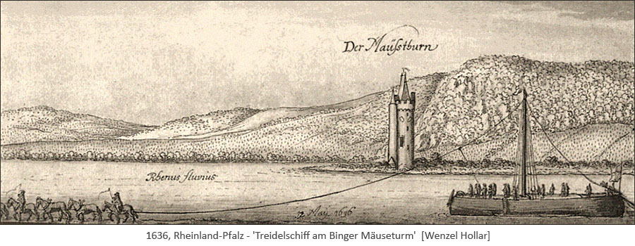 lavierte Federzeichnung: von Pferden gezogenes Schiff - 1636, Rheinl.-Pfalz