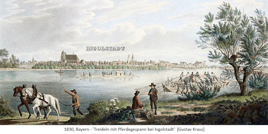 kolorierter Stich: Treideln eines Bootes mit Pferdegespann - 1830, Bayern
