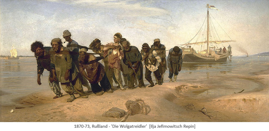 Gemälde: viele Männer treideln schweres Schiff - 1870-73, RU