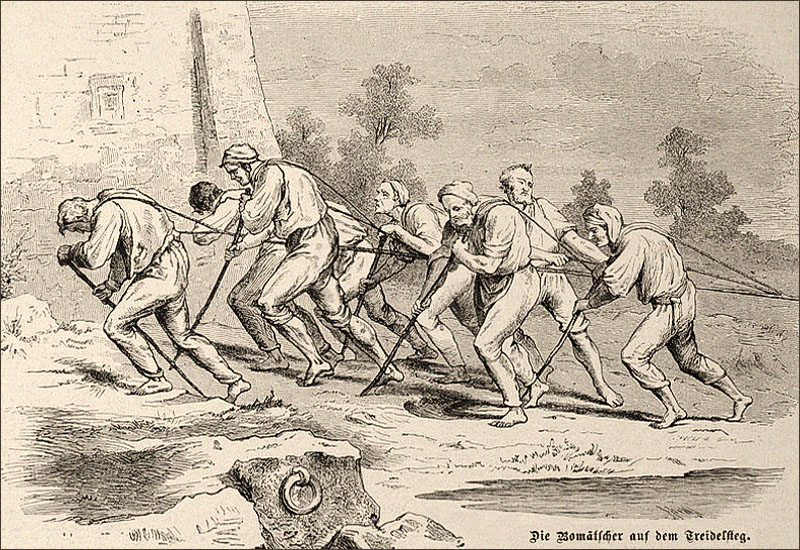 Zeichnung: Bomätscher-Trupp auf dem Treidelsteg - 1882