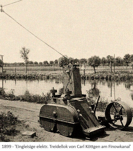 sw Foto: eingleisige elektr. Treidellok von C. Köttgen am Finowkanal - 1899