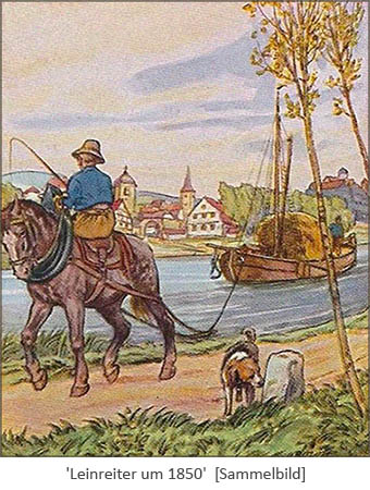 Sammelbild: Treidler zu Pferd zieht mit Heu beladenes Boot ~1850