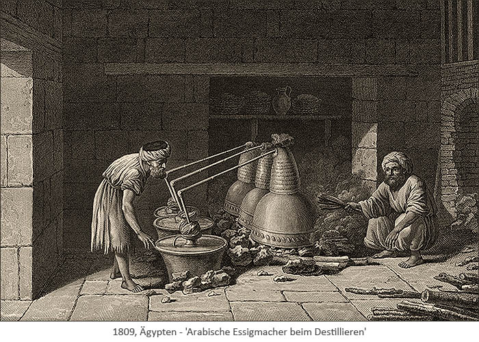 Kupferstich: Arabische Essigmacher beim Destillieren - 1809