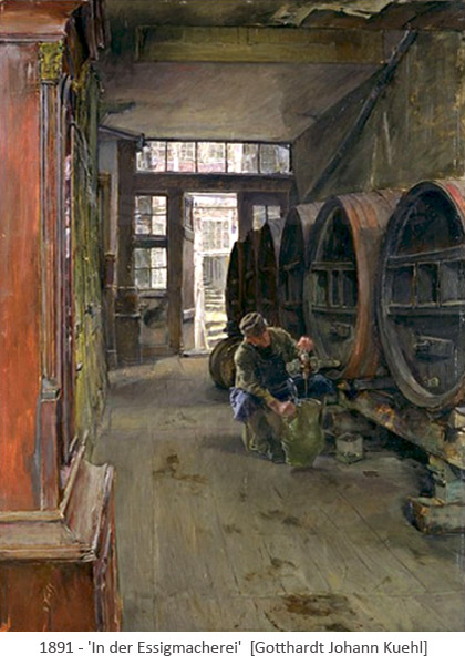 Gemälde: Mann zapft Essig aus großem Holzfass - 1891