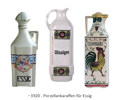 Farbfoto: dt. franz. und engl. Essigkaraffen Porzellan ~1920