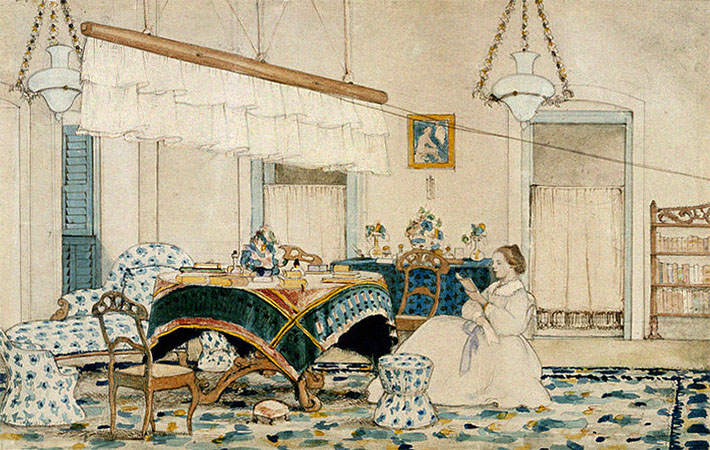 Aquarell: lesende Britin unter einem Deckenfächer - 1836, Indien