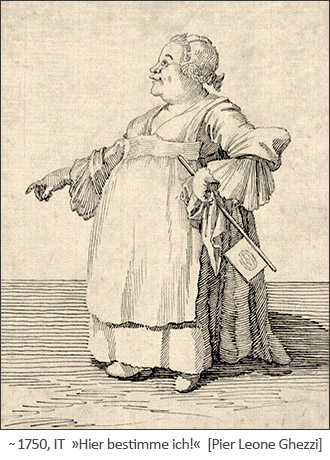 Karikatur: dicke Frau mit Fahnenfächer 'Hier bestimme ich!' ~1750, IT