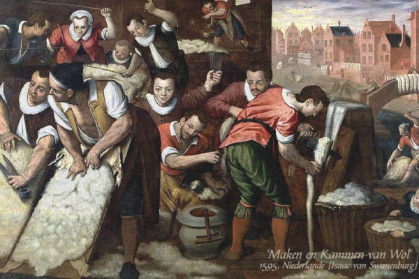 Gemälde: Männer und Frauen, die Wolle behandeln und kämmen - 1595, NL