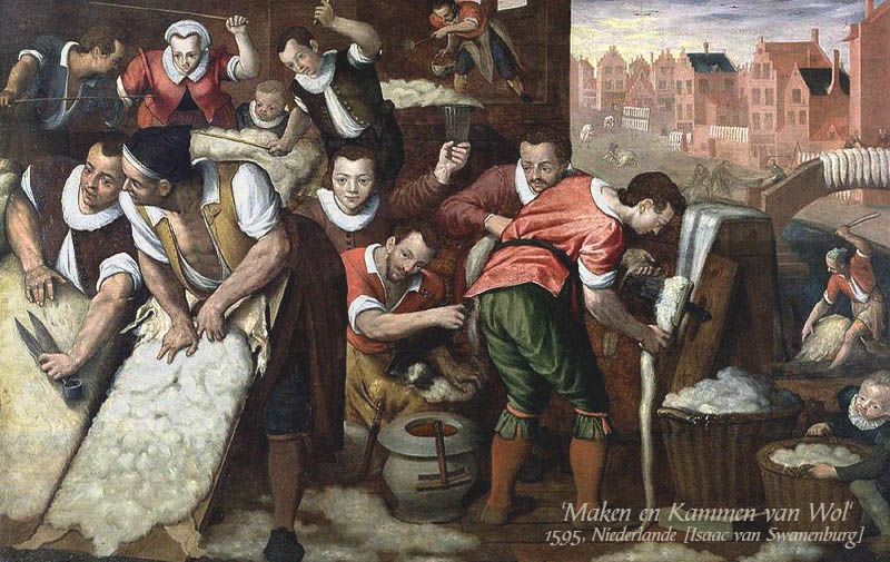 Gemälde: Männer und Frauen, die Wolle behandeln und kämmen - 1595, NL