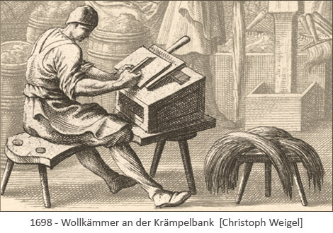 Kupferstich: Wollkämmer an der Krämpelbank - 1698