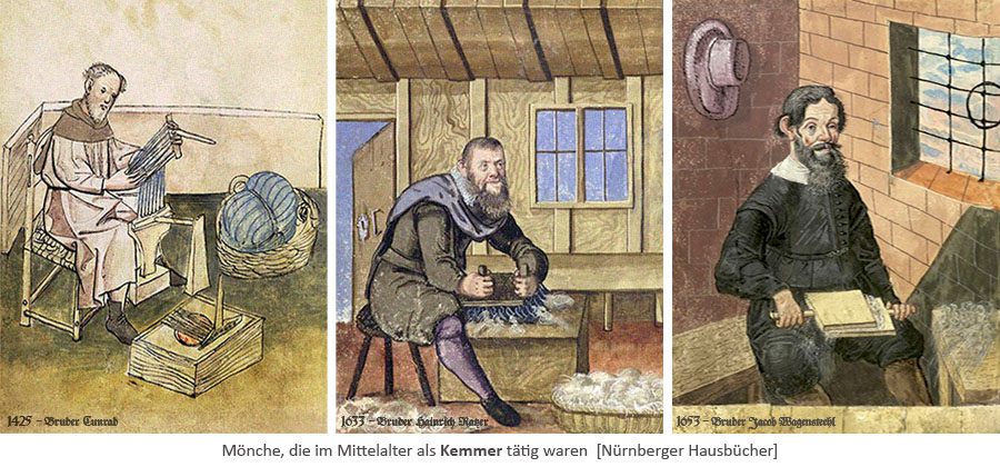 Buchmalerei: 3 Mönche, die im Mittelalter als Wollkämmer tätig waren