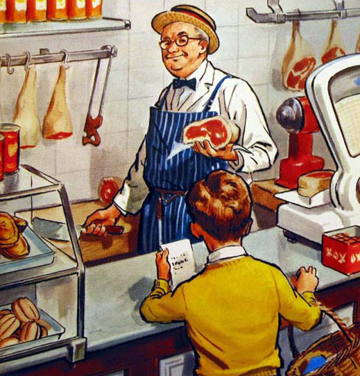 Buchillustration: Junge kauft beim Fleischer ein