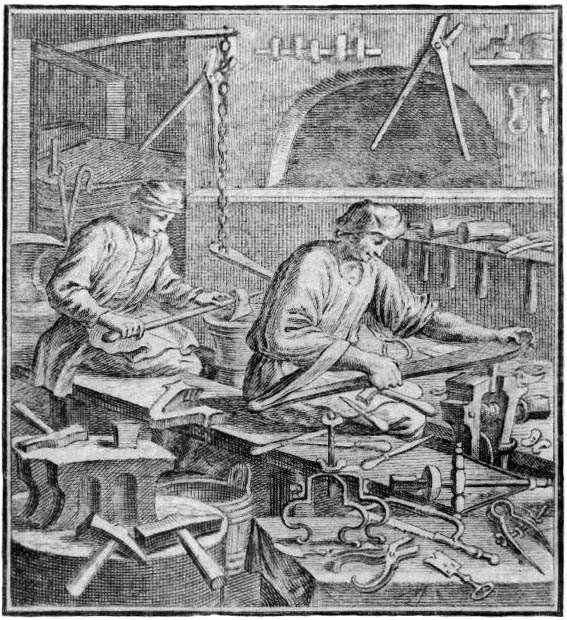 Stich: zwei Männer arbeiten in einer Werkstatt