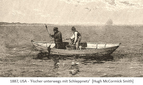 Kupferstich: 2 Fischer im Boot unterwegs mit Schleppnetz - 1887, USA