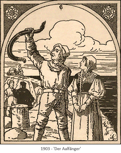 Zeichnung: Fischer hält gefangenen Aal in die Höhe - 1903