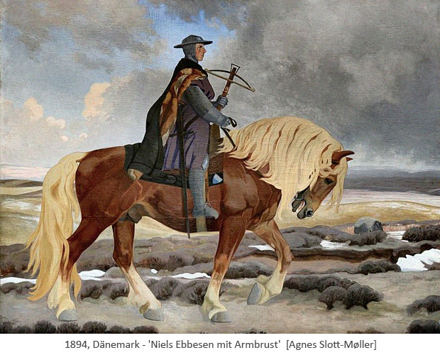 Gemälde: Niels Ebbesen zu Pferd mit Armbrust - 1894, Dänemark