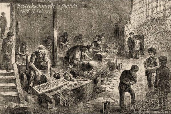 Holsstich: viele Besteckschmiede in Werkhalle - 1866, GB