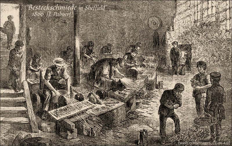 Holsstich: viele Besteckschmiede in Werkhalle - 1866, GB