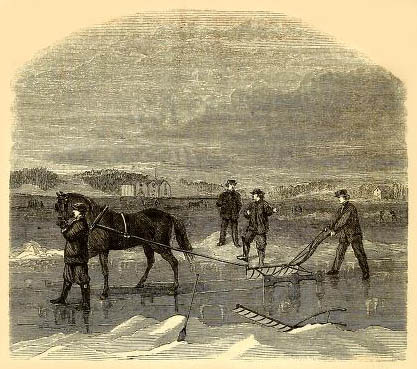 Zeichnung: Eisschneider auf dem Gewässer mit Hilfe eines Pferdes