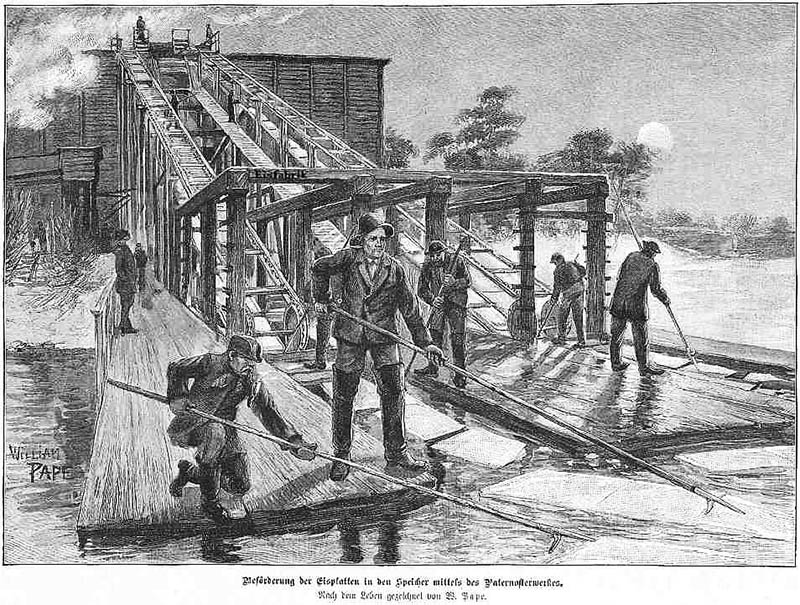 sw-Zeichnung: Männer arbeiten an einer Holzrutsche auf einem vereisten Gewässer